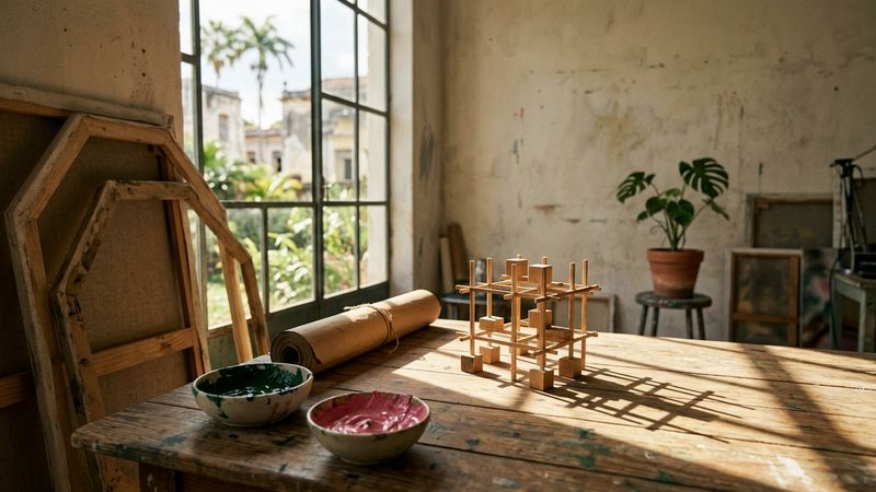 Sunlit modernist studio table with cadmium greenery studies, irregular wooden stretcher bars and a rolled kraft sheet, South Atlantic afternoon light