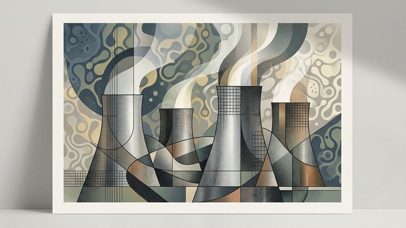 Abstract representation of cooling tower infrastructure with microscopic bacterial forms