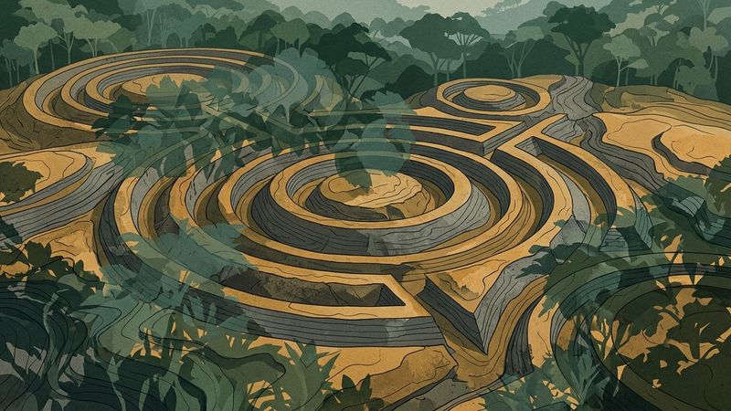 Abstract contemporary illustration of layered geometric earthworks emerging from dense tropical foliage, rendered in muted earth tones and soft gradients
