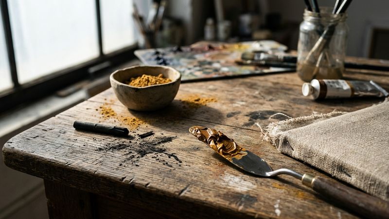 Close raking light across a painter’s table: stiff oil on a knife, coarse linen, a bowl of dry pigment, no identifiable masterpiece.