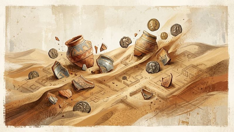 Archaeological excavation revealing ancient coins and pottery fragments at desert oasis site