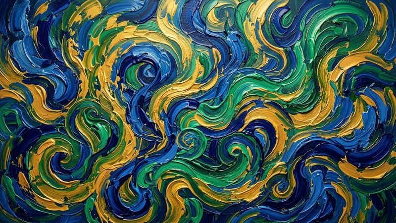 Abstract composition of swirling brushstrokes in Van Gogh's signature style, rendered in deep blues and golds against a neutral background