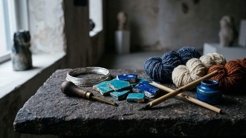 Editorial still life of Islamic art workshop materials: cut glazed tile fragments, brass inlay tools, carpet wool skeins and a reed pen on dark stone under cool sidelight