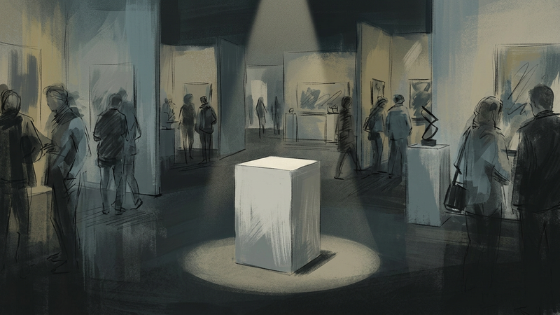 Abstract editorial illustration of an empty gallery plinth at an art fair, symbolising the absence of a prize