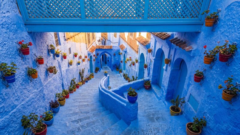 The blue-washed medina of Chefchaouen, Morocco, its lanes painted in graduated shades of indigo