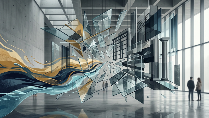Abstract contemporary artwork composition featuring layered geometric shapes in muted earth tones and vibrant accents, symbolising cultural exchange between institutions.
