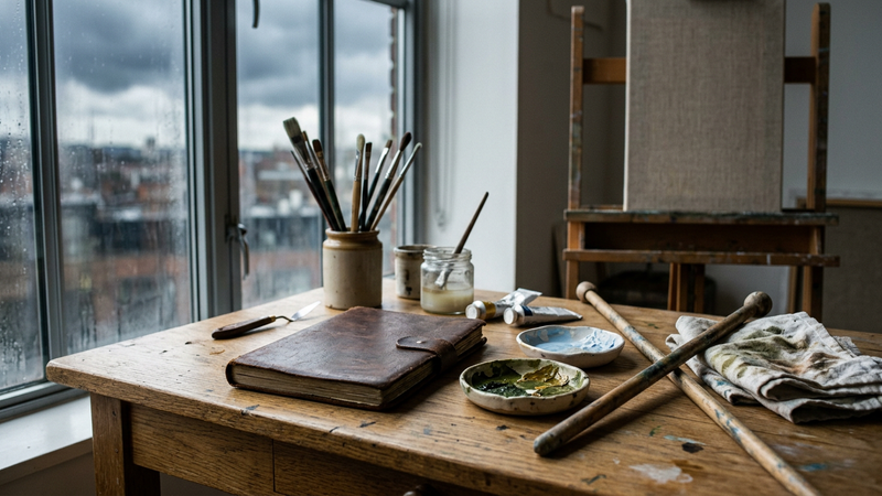 Oak studio table with a worn leather sketchbook, earth-green and sky-blue pigments in ceramic dishes, and a rain-heavy sky beyond a north-facing window, suggesting European landscape practice.