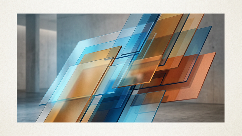Abstract composition featuring layered translucent panels in cool blue and warm ochre tones, arranged diagonally to suggest architectural movement and spatial depth.