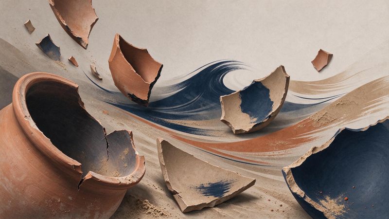Abstract contemporary illustration of fragmented ceramic amphorae resting on a sandy seabed with subtle blue and ochre tones