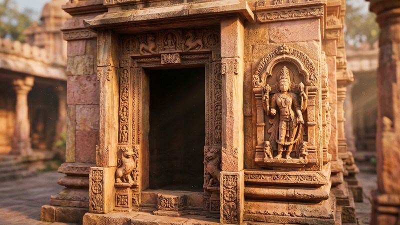 Warm sandstone temple doorway and carved deity niche in soft morning light, suggesting historic Indian sacred architecture without readable inscriptions.