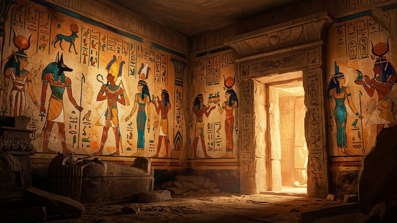 Reconstruction of ancient Egyptian tomb interior with colourful wall murals showing religious scenes and offering tables