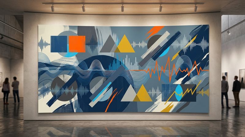 Abstract composition of paired geometric forms and low-frequency sound waves in muted tones