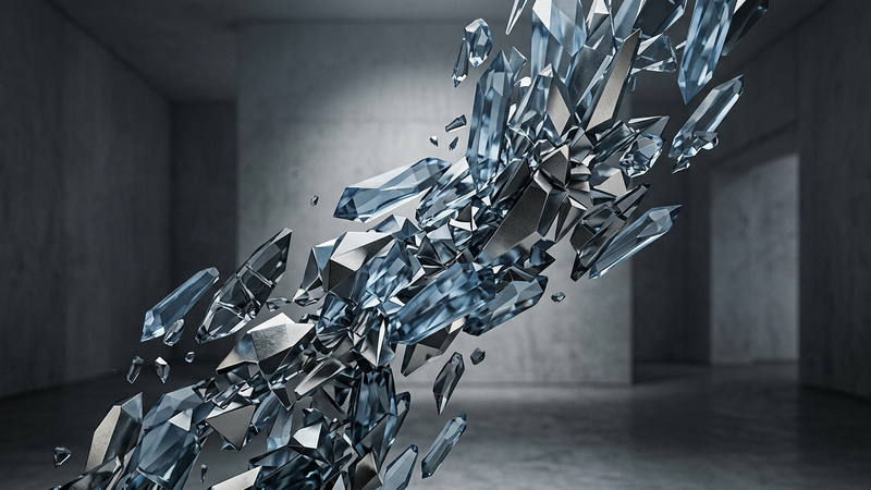 Abstract contemporary composition featuring fragmented geometric shapes in platinum silver and deep blue, evoking shattered glass and scattered diamonds without depicting specific objects or text.
