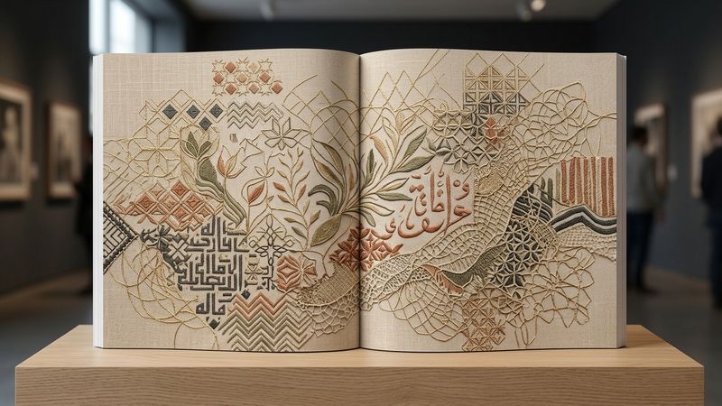 An intricately embroidered Palestinian bridal dress displayed in a museum gallery