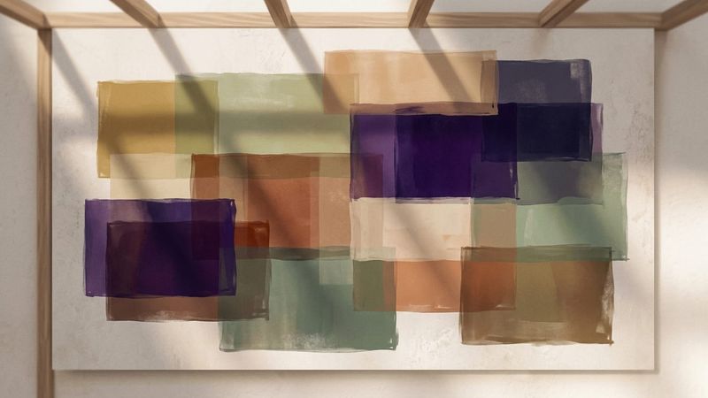 Abstract geometric canvases leaning against a gallery wall, with subtle colour shifts and wooden sculptures nearby