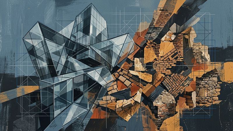 Abstract contemporary composition depicting layered architectural forms, glass facades intersecting with weathered stone textures, rendered in muted earth tones and steel greys