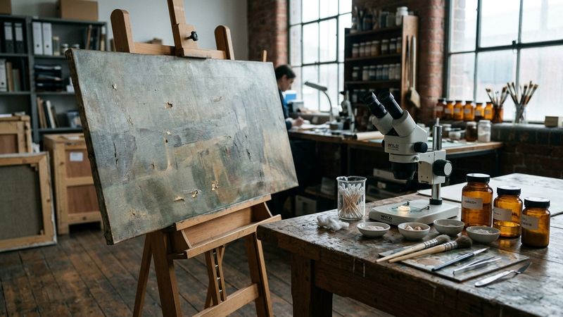 North-lit paintings studio with an anonymous canvas on an easel, binocular microscope, cotton swabs and unlabelled varnish jars on an oak bench