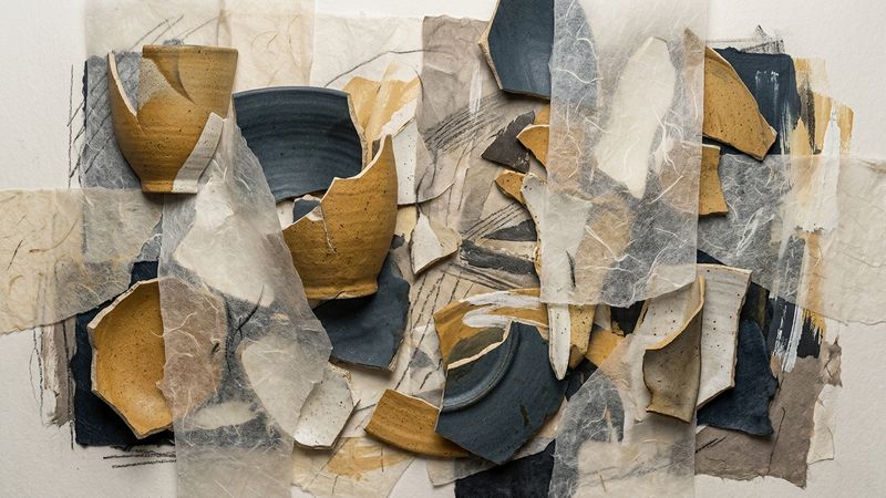 Abstract composition of overlapping geometric shapes in muted earth tones suggesting tableware and archival documents