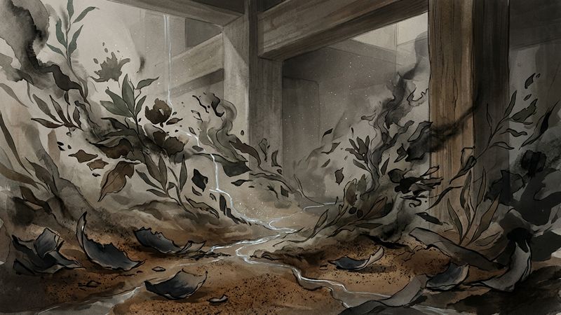 Abstract editorial illustration of a dark garden landscape with floating plants, scattered ash and water pooling on the floor