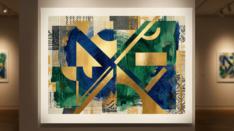 Abstract composition featuring geometric patterns and handcrafted textures in gold and deep blue tones
