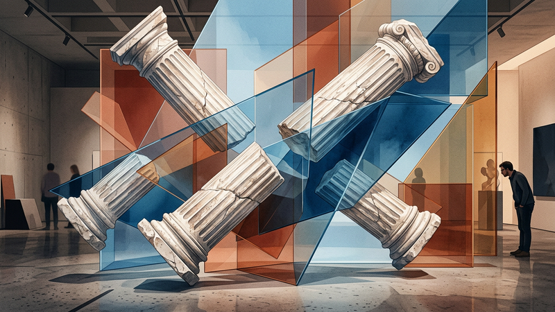 Abstract contemporary composition merging classical arches with modern light beams