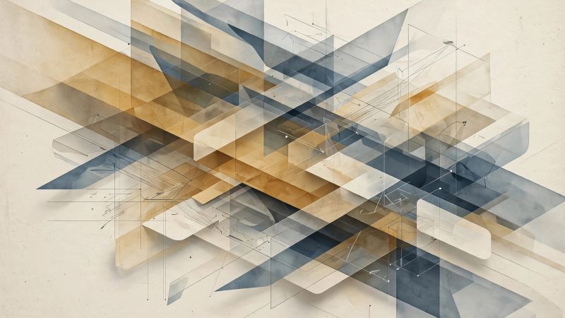 Overlapping translucent planes in muted ochre, slate blue, and cream form an abstract composition suggesting shifting trade corridors and layered market data. Contemporary flat style, no text or