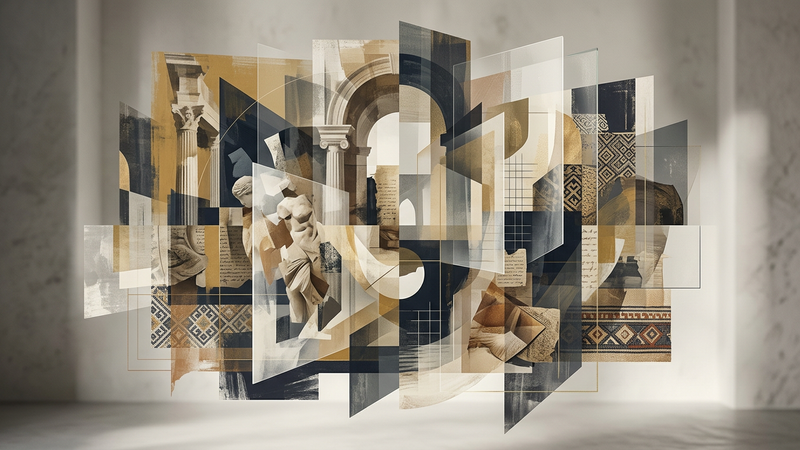 Abstract contemporary interpretation of a seventeenth-century portrait featuring muted tones and geometric fragmentation