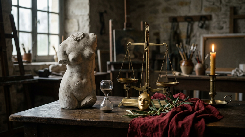 Candlelit studio table with plaster female torso, brass scales, hourglass, gold chain and a small theatrical mask, cool window light, no readable text.