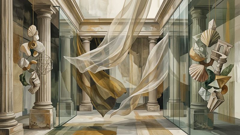 Abstract textile forms suspended in a museum atrium, catching natural light against historic and contemporary architecture.
