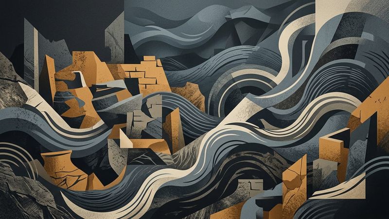 Abstract contemporary composition depicting fragmented stone forms and oceanic waves in muted earth tones