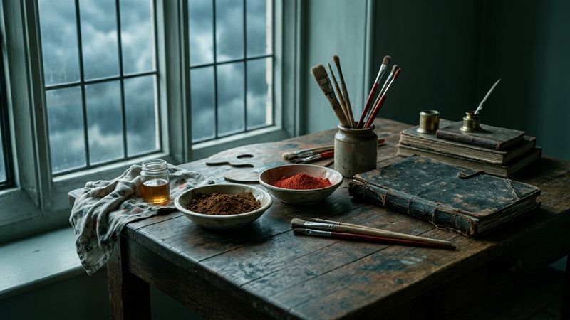 Candlelit studio table with oak panel, earth pigments, frayed portfolio and storm-dark sky beyond a tall window, suggesting early nineteenth-century Romantic painting practice.