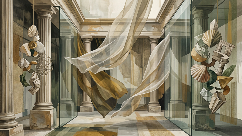 Abstract textile forms suspended in a museum atrium, catching natural light against historic and contemporary architecture.