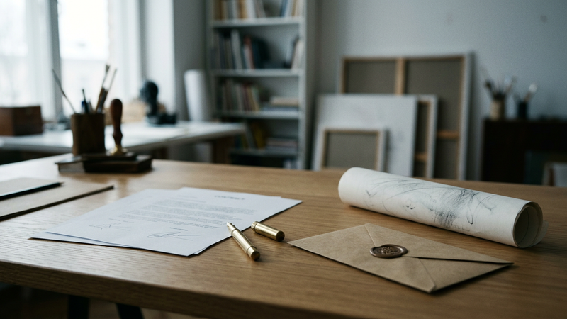 Oak desk with unsigned contract pages, brass pen and sealed envelope beside a rolled sketch under cool window light