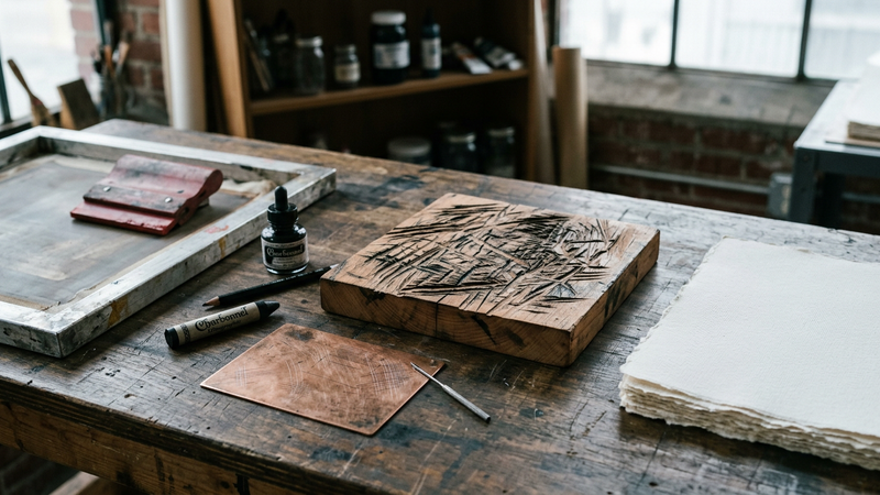 Print workshop bench with carved wood block, inked copper plate, lithographic crayon and squeegee beside damp paper under north light