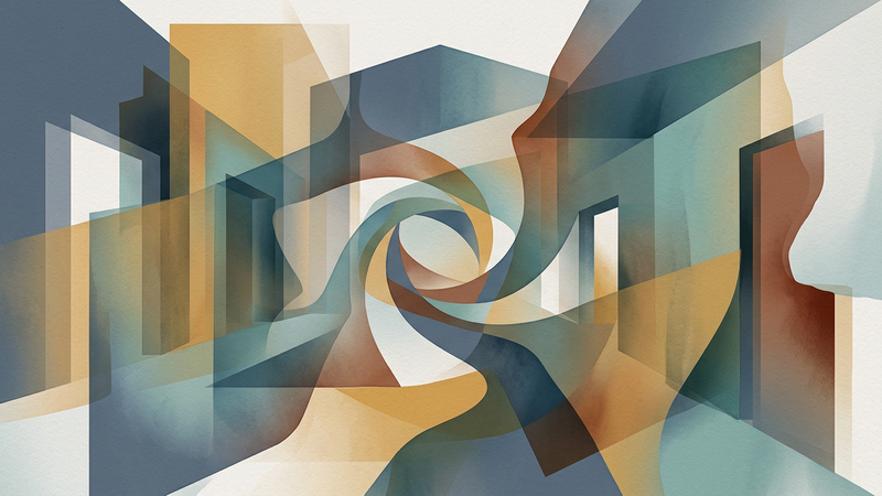 Abstract contemporary illustration depicting a stylised map transition between Berlin and London, rendered in muted tones and geometric forms.
