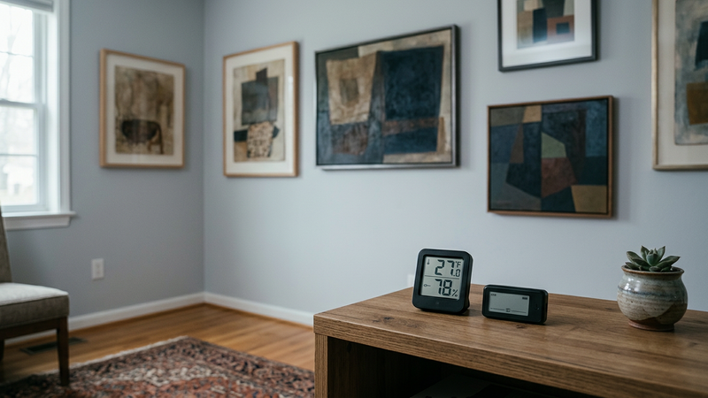 Hygrometer and data logger on a console beneath framed paintings in a quiet, evenly lit interior room