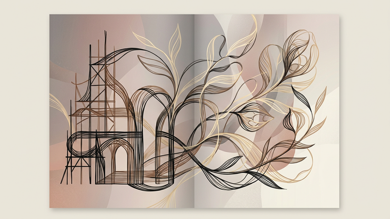 Abstract contemporary composition featuring intertwined dark and light strands forming floral and geometric motifs against a muted background