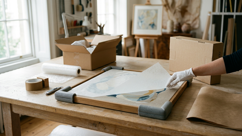 Framed painting wrapped in cardboard corner guards and paper on a clean table beside an open picture box