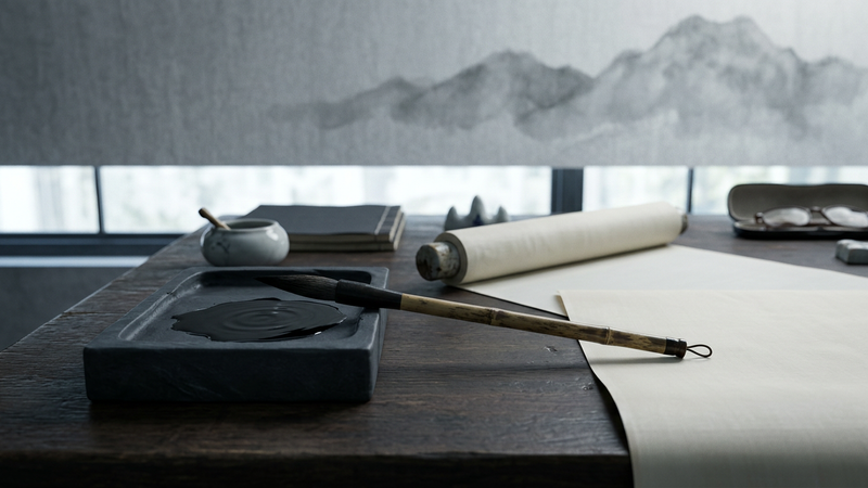 Ink brush, inkstone and pale silk in a quiet study, soft side light suggesting a scholar's painting table