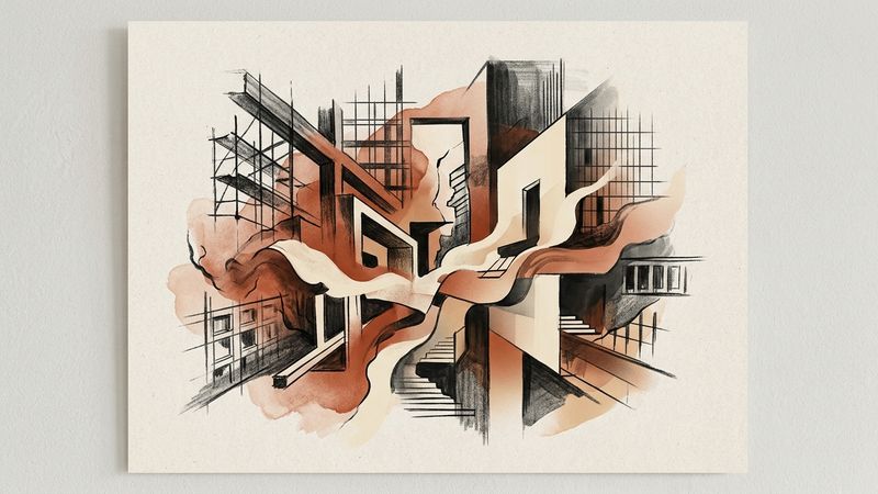 Abstract geometric composition featuring layered translucent planes in muted ochre and slate blue, evoking architectural facades without literal representation