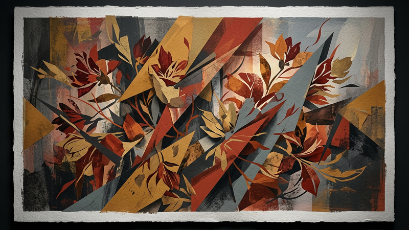 Abstract botanical and geometric composition in earthy tones evoking mid-century modern aesthetics
