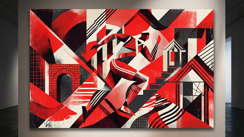 Abstract composition featuring bold red geometric forms intersecting with architectural lines, referencing both streetwear aesthetics and educational themes