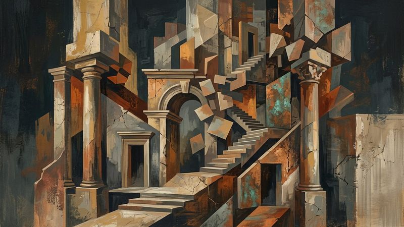Editorial illustration of an abstract architectural façade in warm stone tones, with geometric shadows suggesting columns and civic grandeur