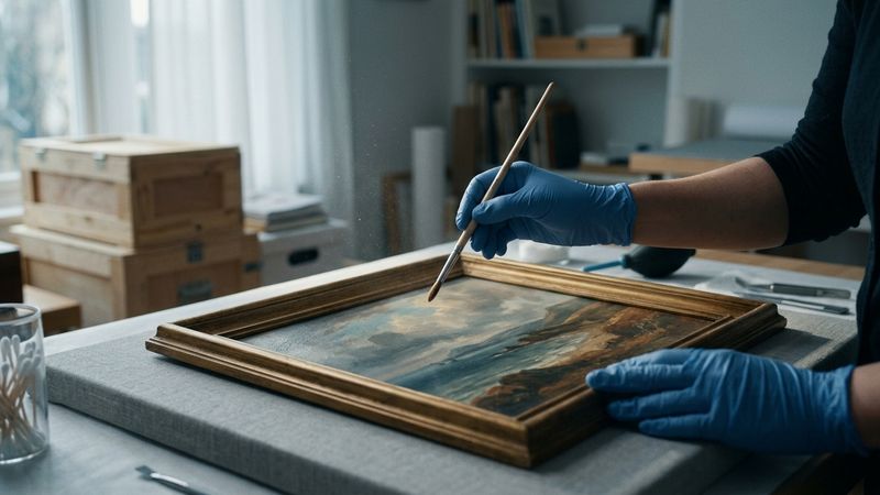 Soft natural-hair brush resting above an anonymous framed oil painting on padded cloth in cool north window light
