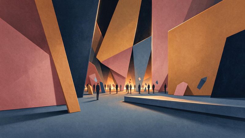 Abstract contemporary interpretation of a bustling 19th century dance pavilion rendered in soft geometric shapes