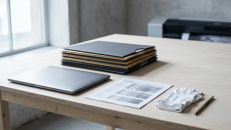 Daylit studio table with labelled print sleeves, a closed laptop and a printed inventory sheet beside window light