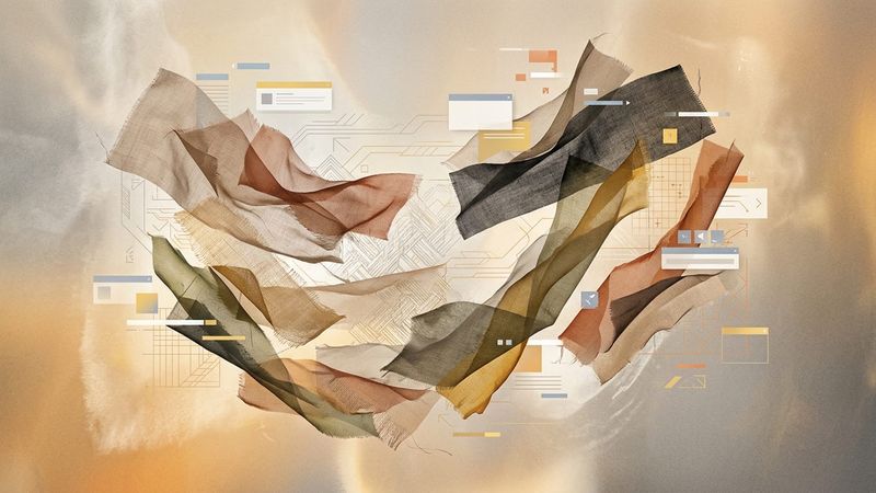 Abstract editorial illustration of layered translucent textile fragments and overlapping digital weave patterns floating in a warm amber space, suggesting circulation and collective making.