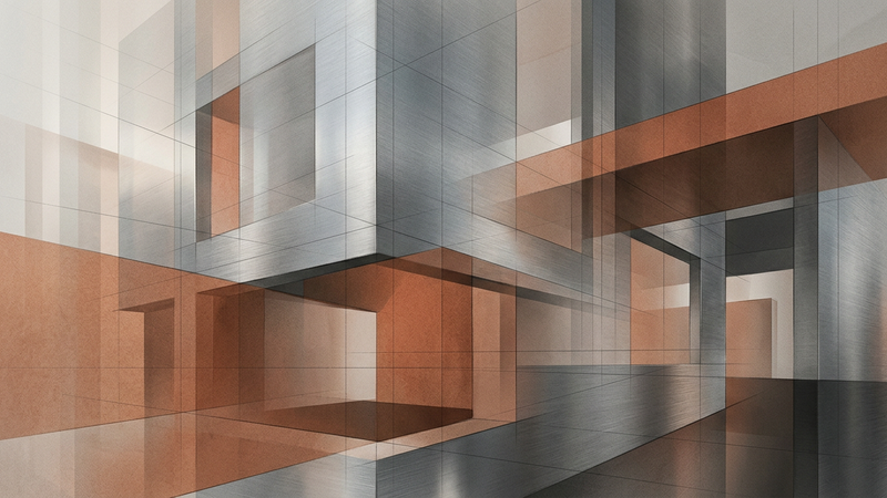 Abstract contemporary composition featuring layered geometric shapes in muted earth tones and steel greys, evoking urban architecture and gallery spaces