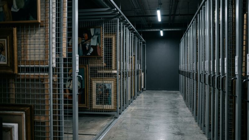 Dim museum painting store with sliding mesh screens holding framed canvases in soft cool light, empty aisle between racks