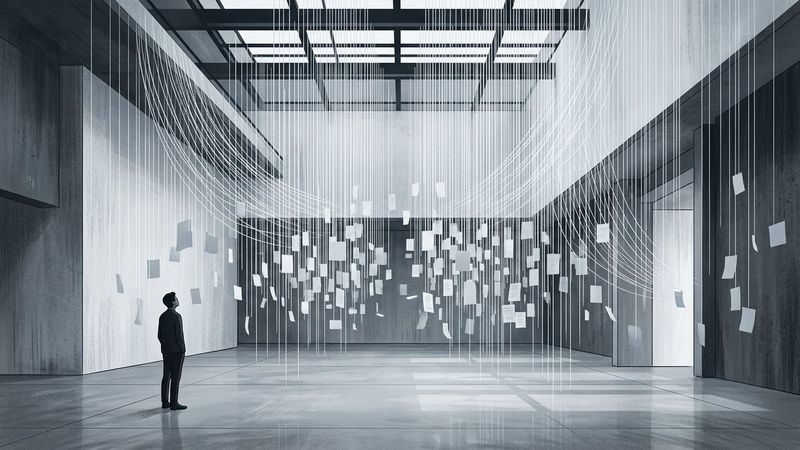 Abstract contemporary installation featuring cascading white threads and suspended paper fragments
